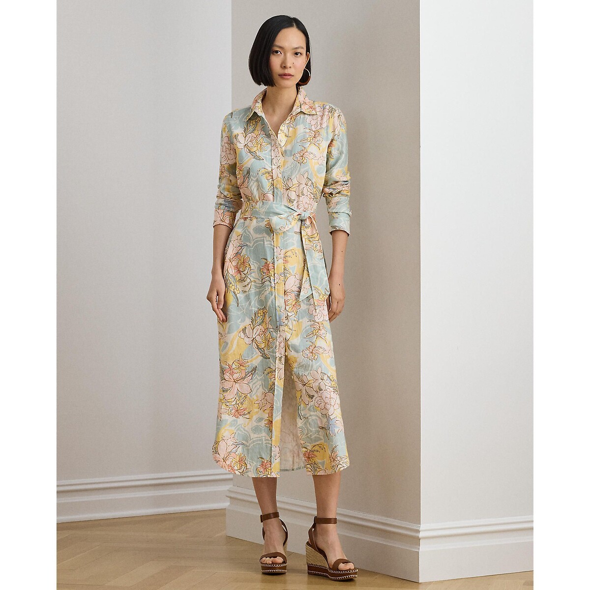 Vestido camisero de manga larga de lino con estampado de flores estampado crudo, LAUREN RALPH LAUREN