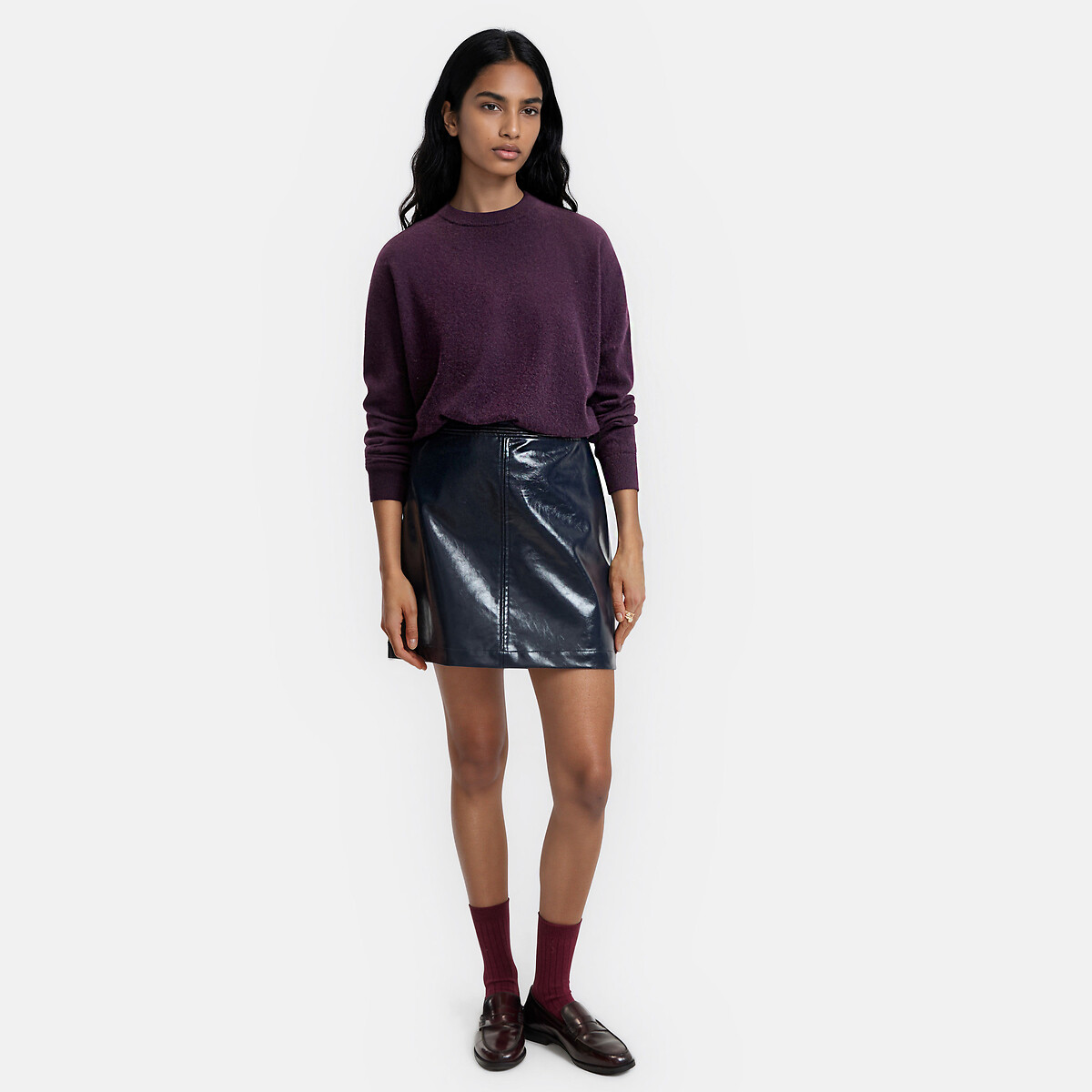 Camisola folgada em caxemira com gola redonda violeta-escuro, LA REDOUTE COLLECTIONS