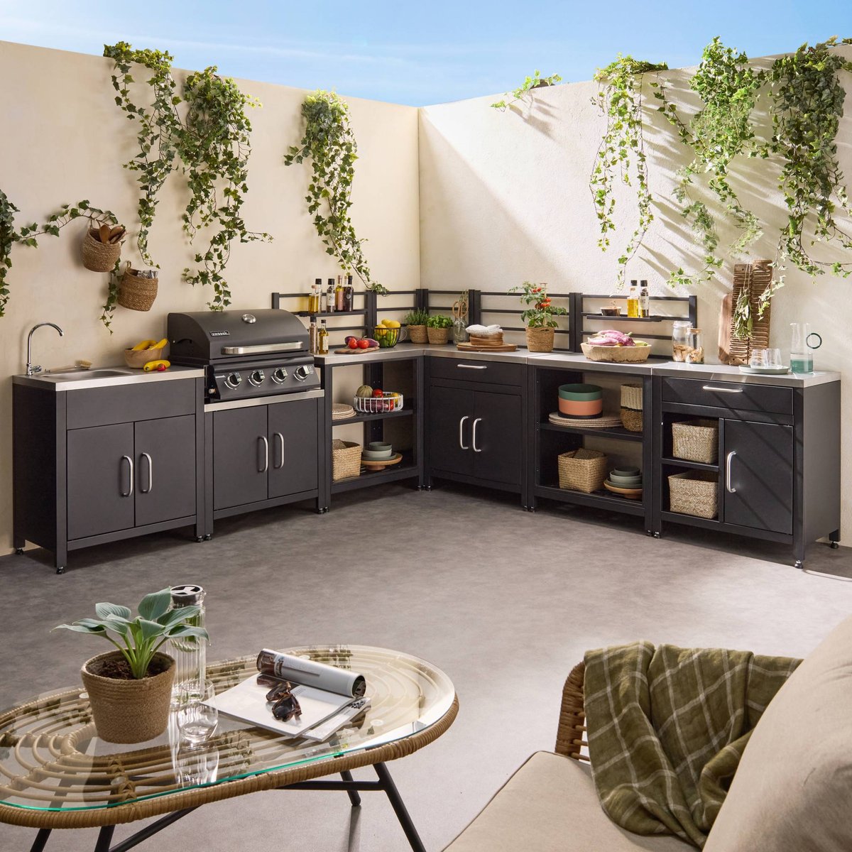 Cuisine d'extérieure 7 modules avec barbecue gaz 4 brûleurs sur pieds, thermomètre GRIMAUD BARBECUE GAZ + 7 MODULES noir, SWEEEK