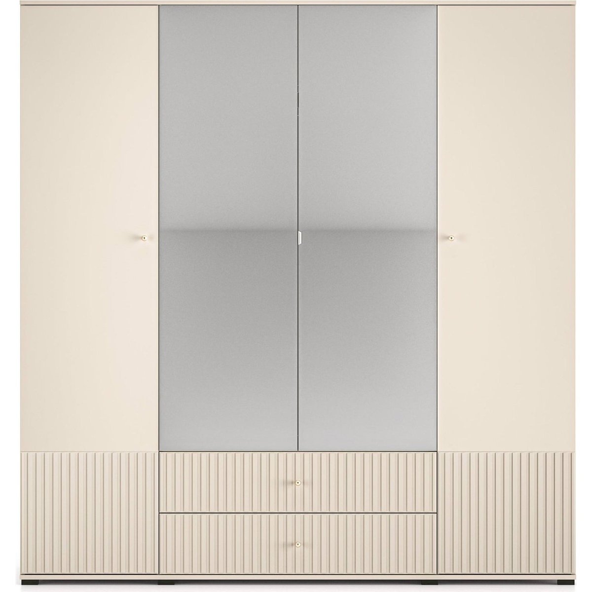 Armoire CALETTO à miroir et portes rainurées cachemire beige avec poignées dorées, RECOLLECTION