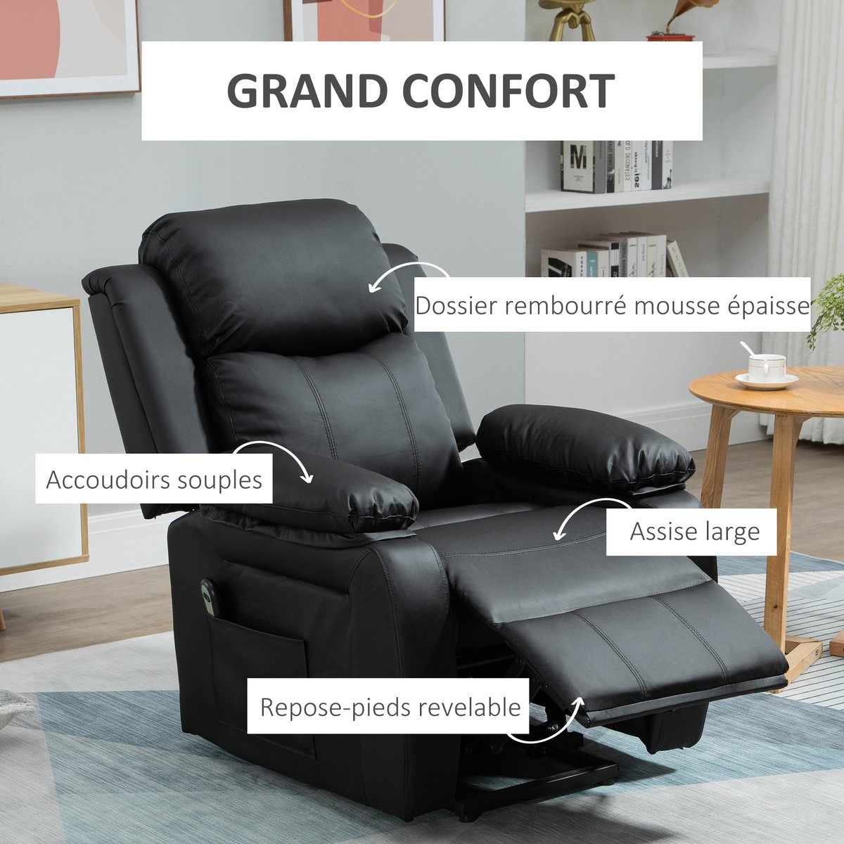 Fauteuil releveur inclinable avec repose-pied ajustable - revêtement synthétique noir, HOMCOM