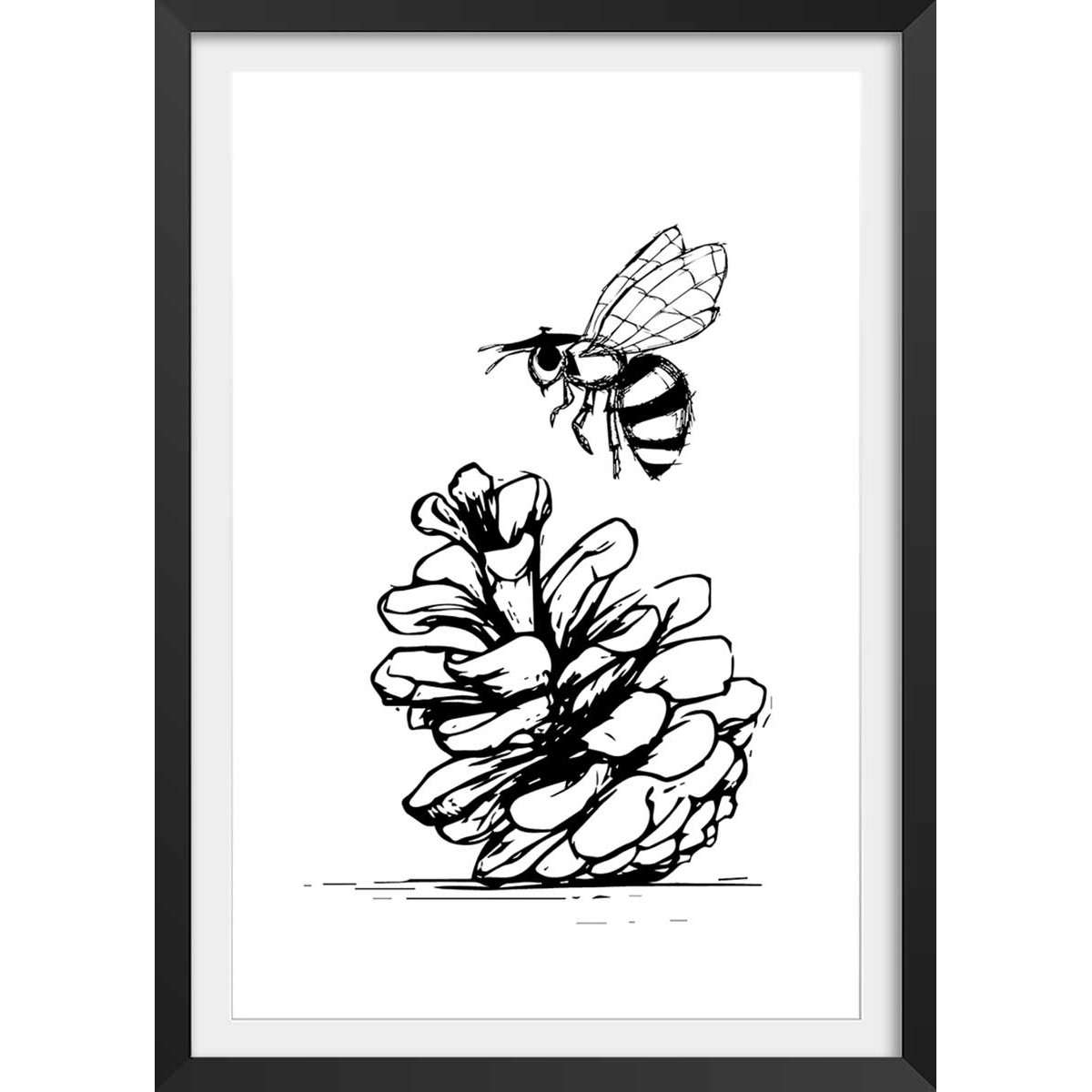 Poster pomme de pins et abeille affiche + cadre en bois - noir, HEXOA