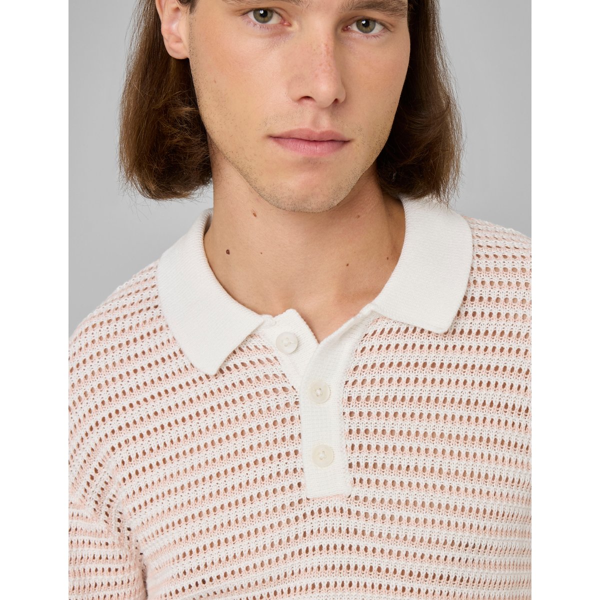 Polo en maille ajourée rayée rose pâle, BZB
