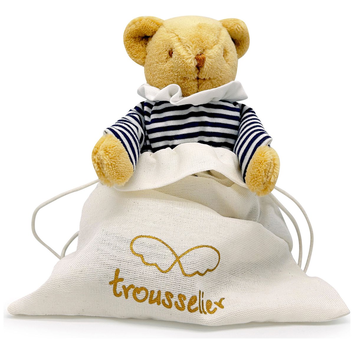 Doudou avec hochet bleu, blanc, marron, TROUSSELIER