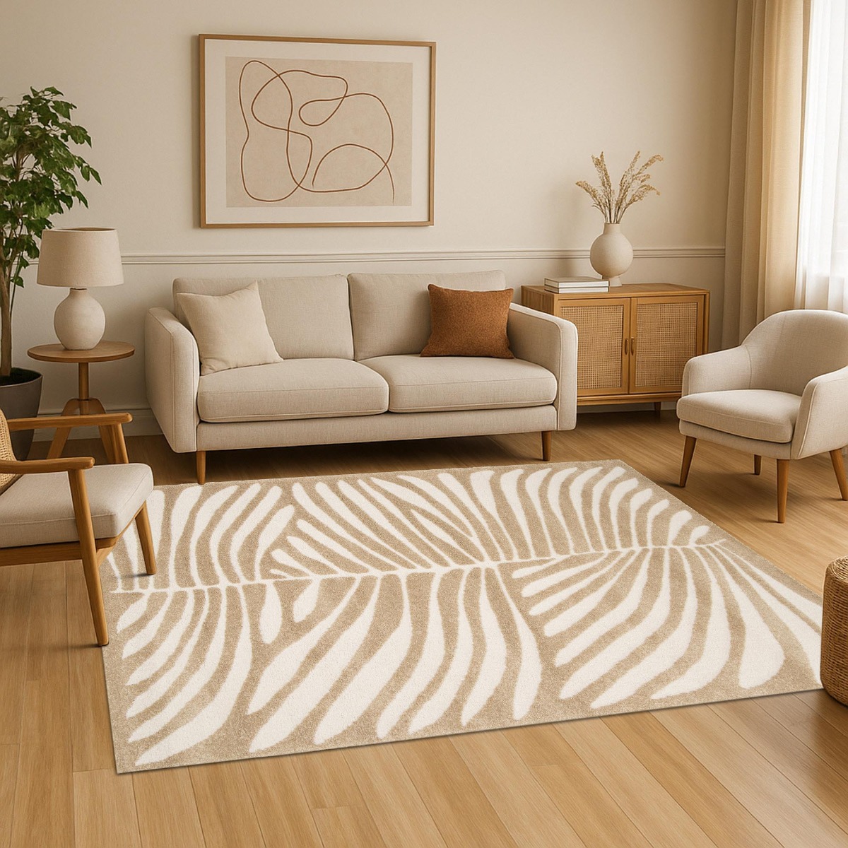 Tapis à relief doux moderne DESIGN LEAVES beige, THE DECO FACTORY