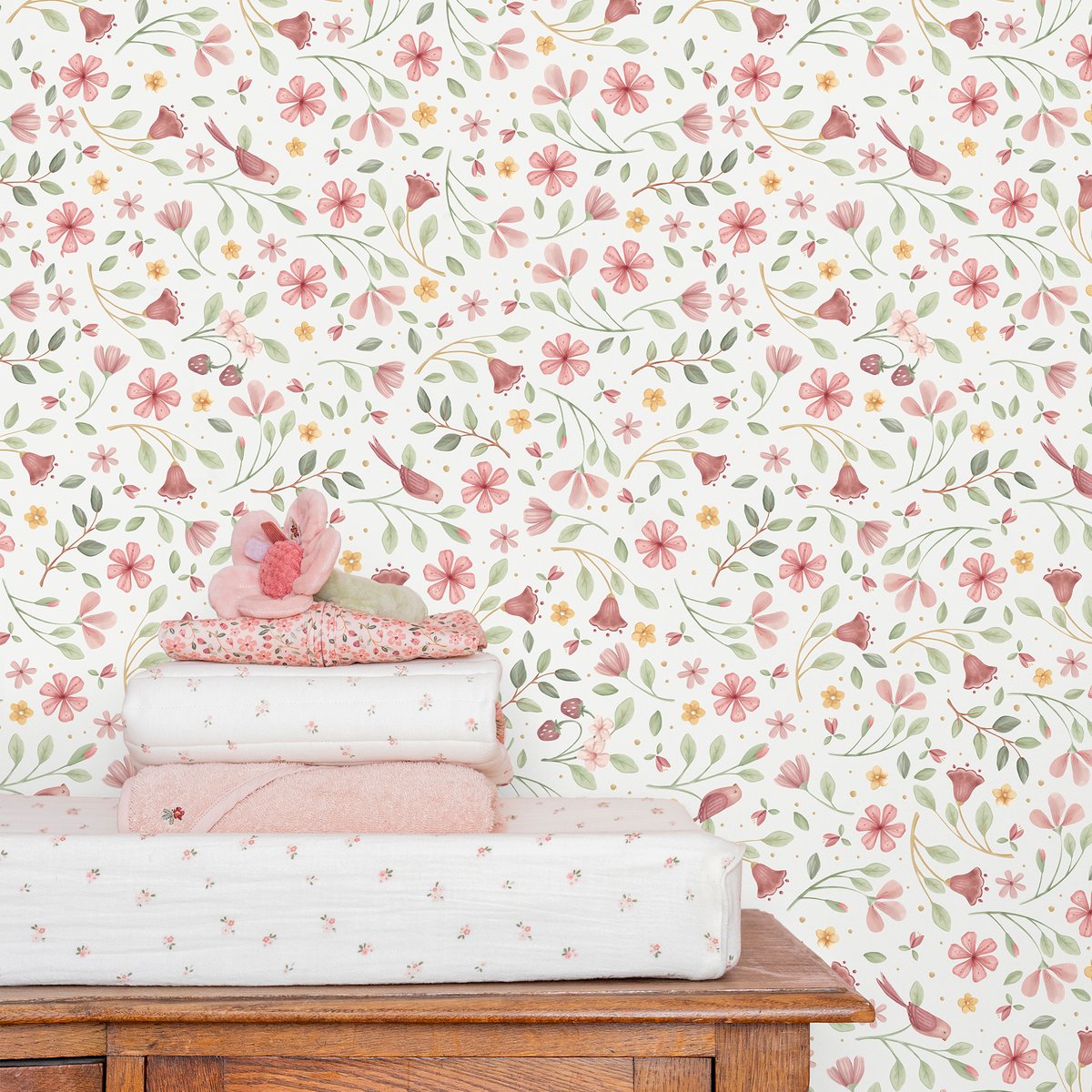 Papier peint pour enfant Farandole fleurie rose, vert, blanc, LITTLE DUTCH