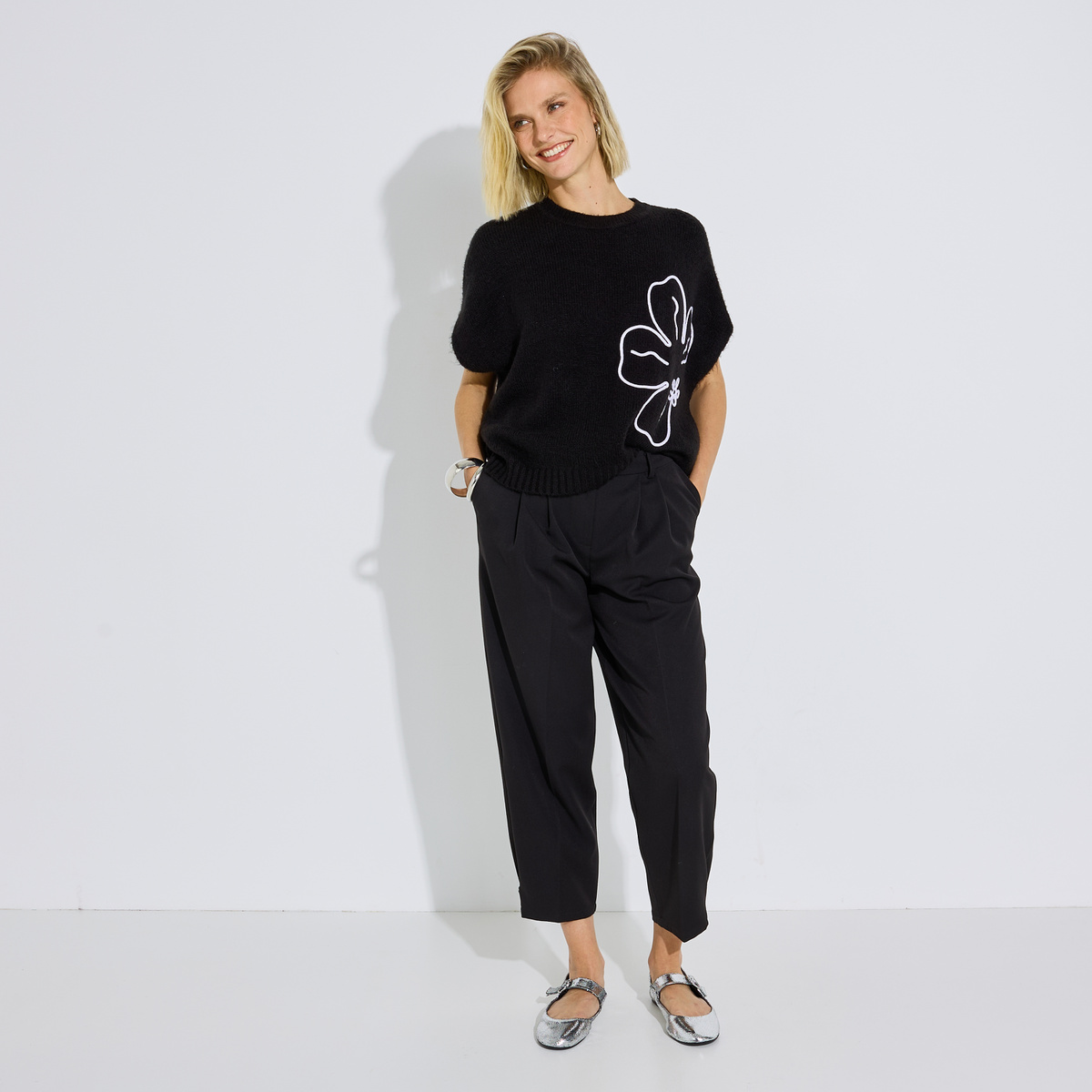 Pull sans manches motif fleur noir, GRAIN DE MALICE