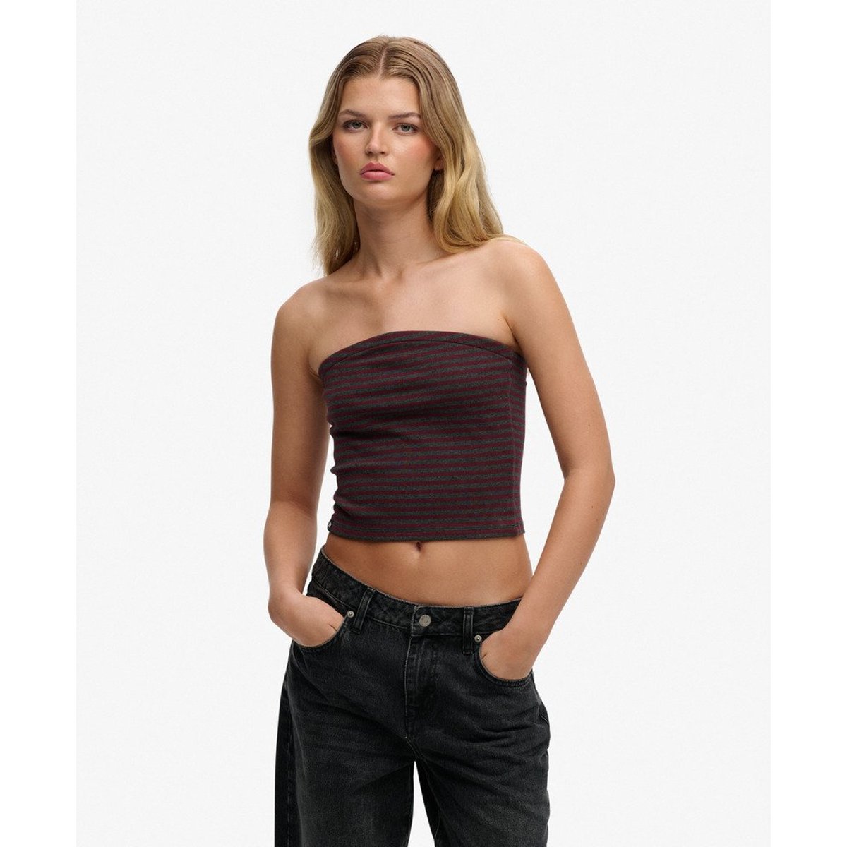 Top Bandeau Athletic Essentials Coupe Ajustée rayé rouge porto, SUPERDRY