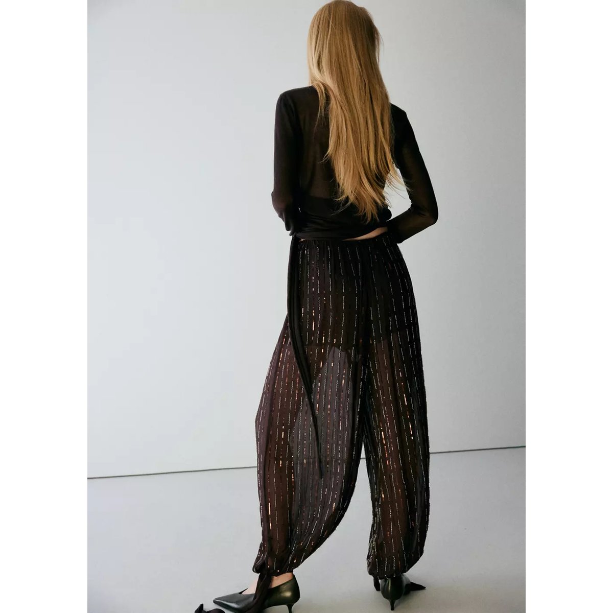 Pantalon bouffant à paillettes marron, MANGO