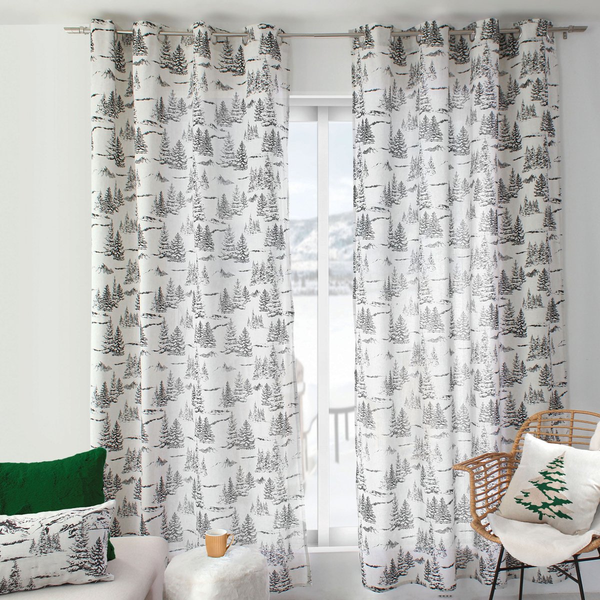 Rideau imprimé montagne en coton recyclé gris anthracite, HOME MAISON