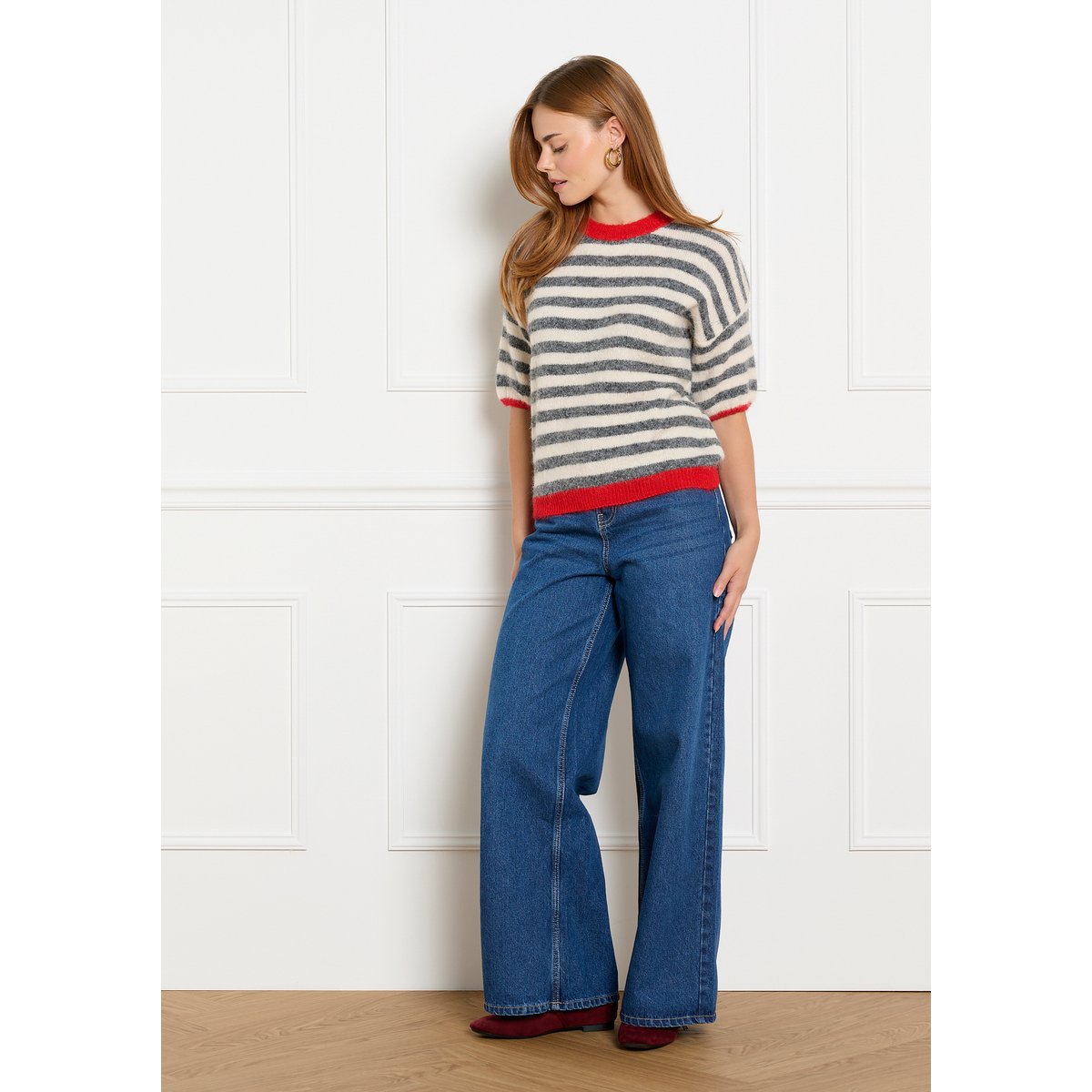 Pull rayé à manches courtes gris, LOLALIZA