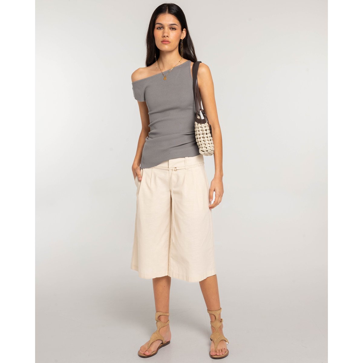 Bermuda culotte avec ceinture beige, THE-ARE