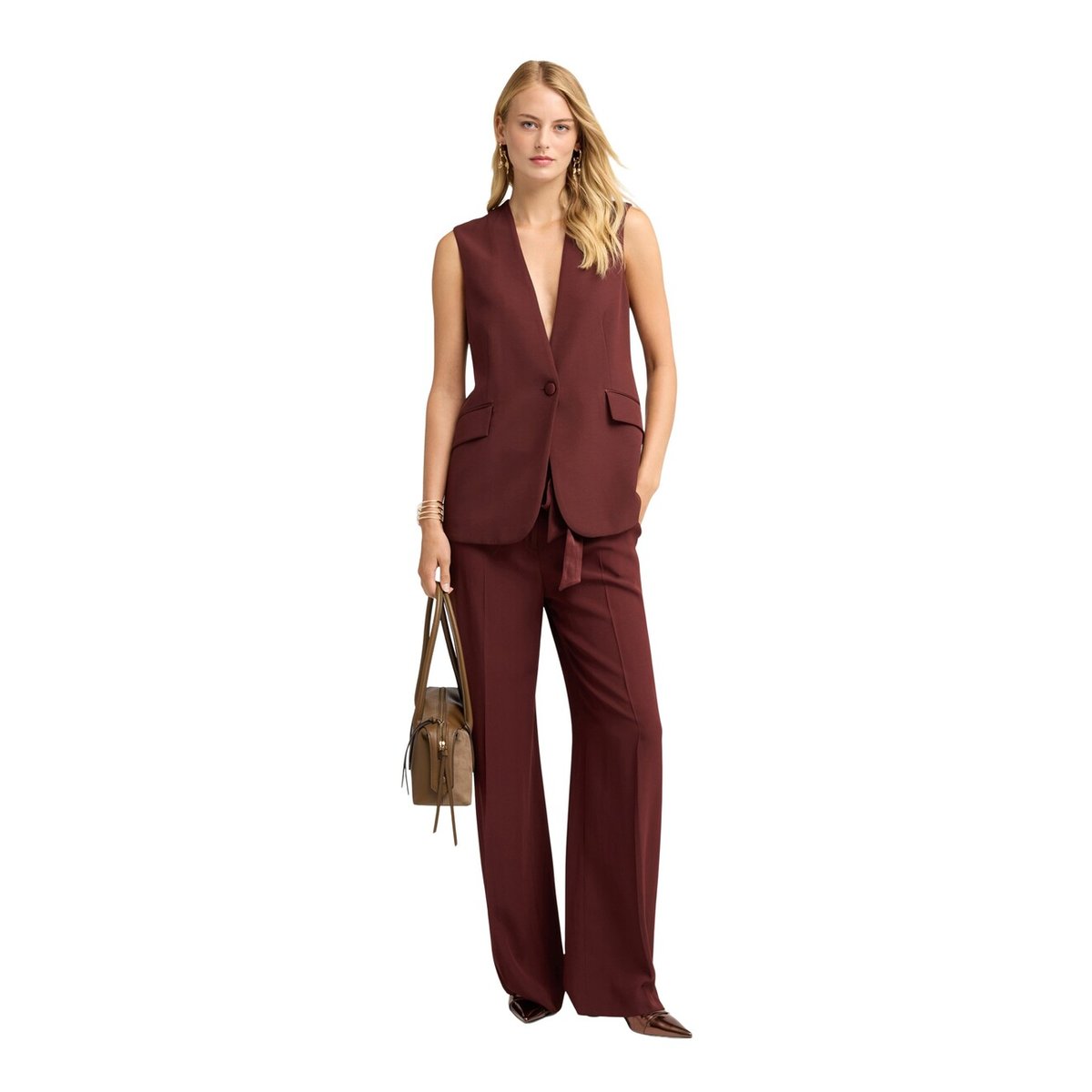 Pantalon palazzo avec ceinture marron, MOTIVI