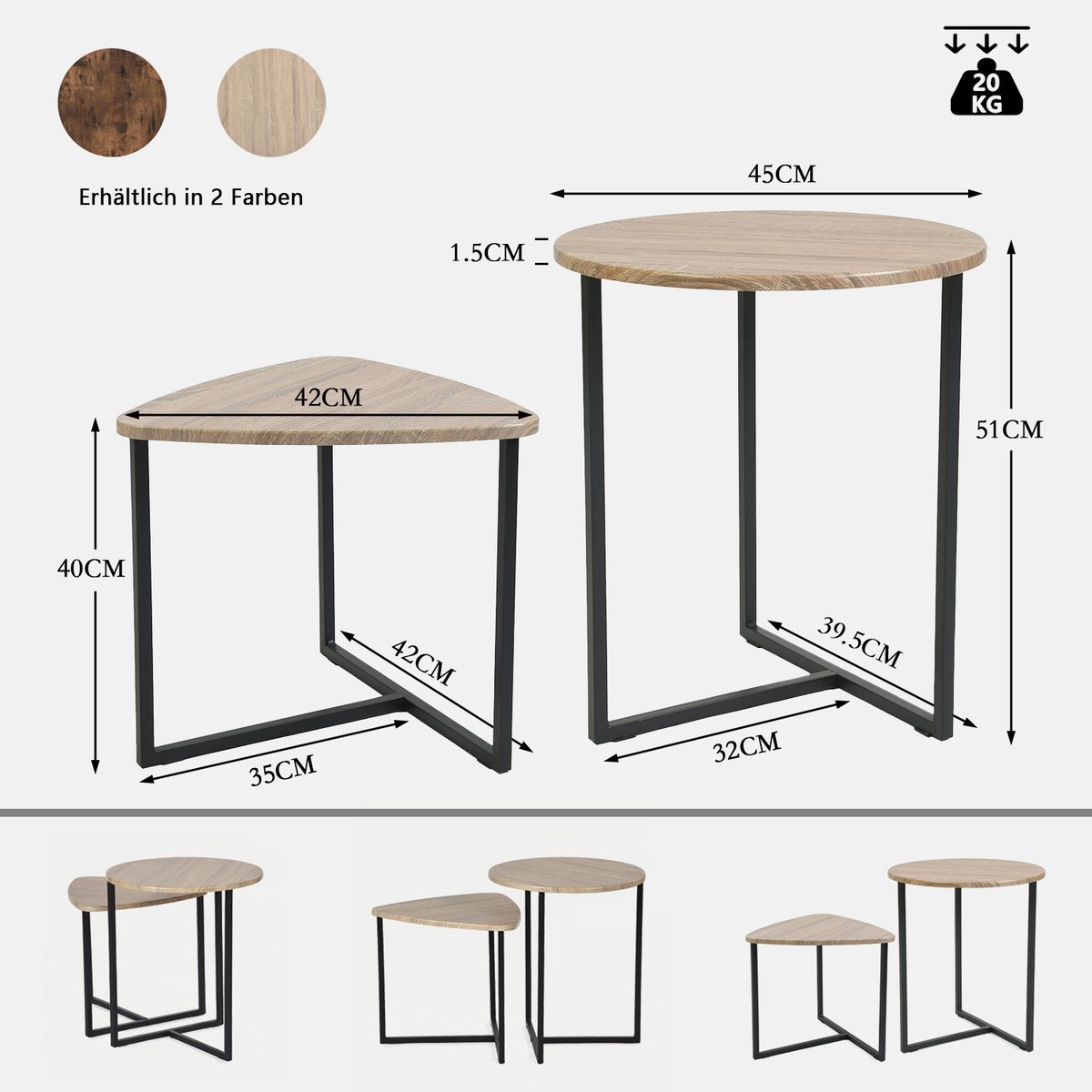 Lot de 2 tables basses gigognes Imitation bois style industriel, LAYA imitation chêne, MEUBLES COSY