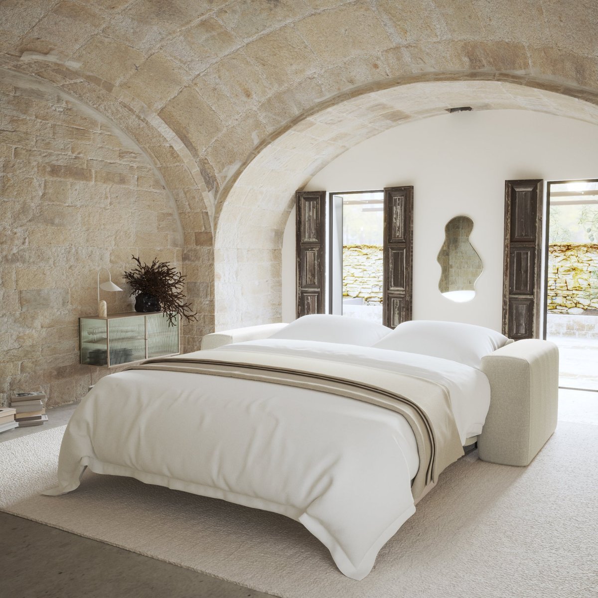 Canapé convertible express dunlopillo 160cm 4 places en tissu tramé MYRA beige, SIA HOME