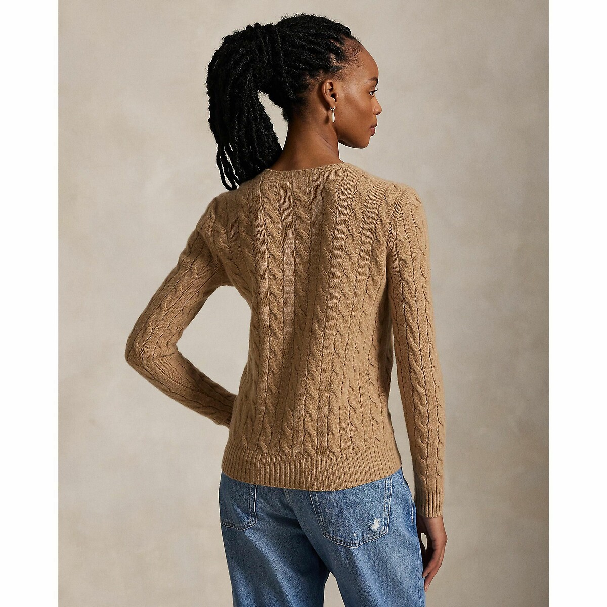 Pull col rond en maille torsadée, 80% laine 20% cachemire camel, POLO RALPH LAUREN
