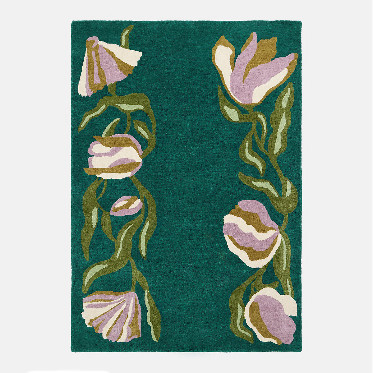 Tapete com motivo floral, tufado à mão, em lã pura, FLORALIA verde-petróleo, LA REDOUTE INTERIEURS