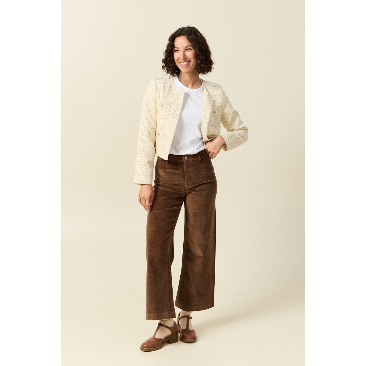 Pantalon large taille haute en velours vieux rose, BONOBO