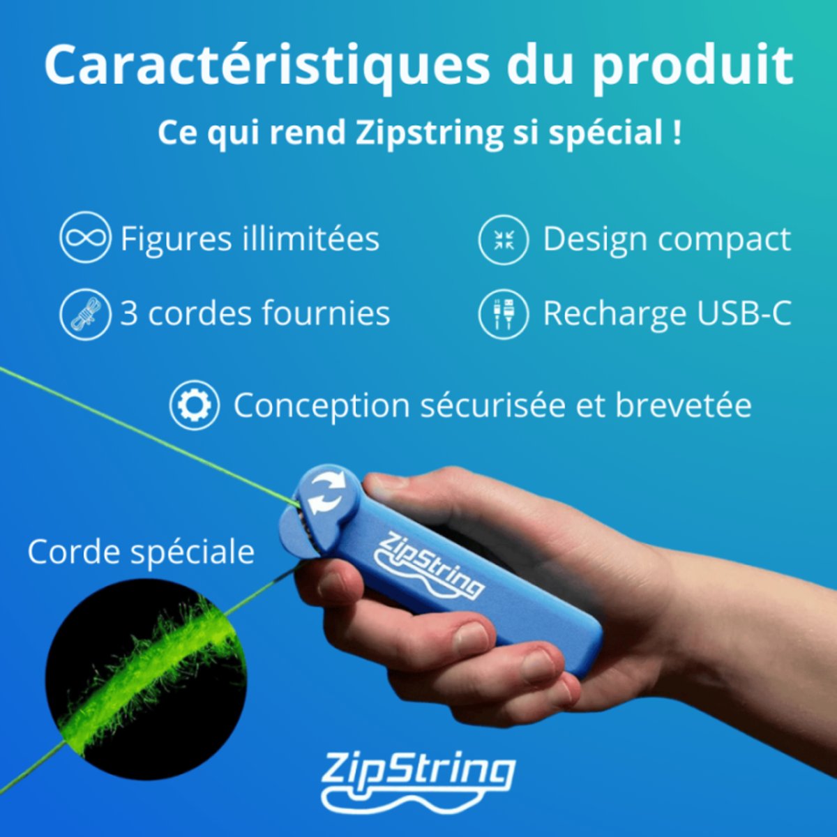 ZipString - Pack complet zipstring bleu + 3 cordes (verte/jaune/rose), PIOUPIOU ET MERVEILLES