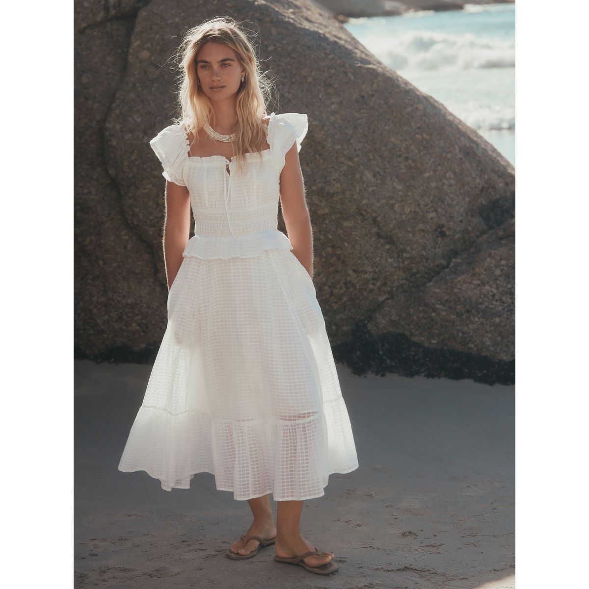 Robe à col carré et manches évasées blanc, NEXT