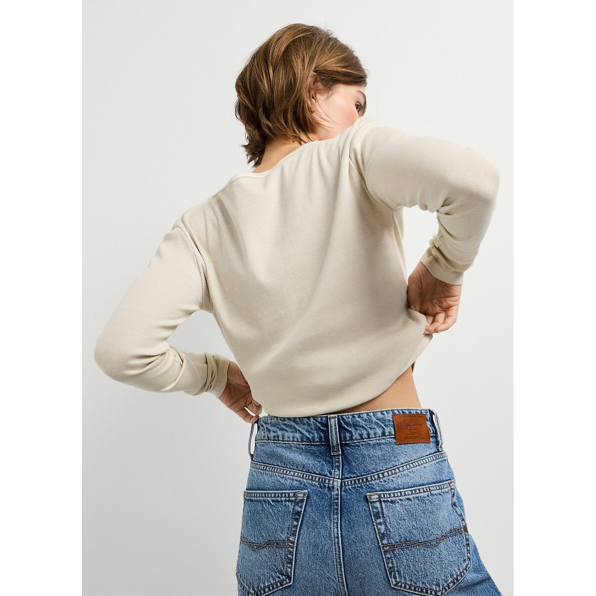 T-shirt manches longues, col pressionné blanc, PEPE JEANS