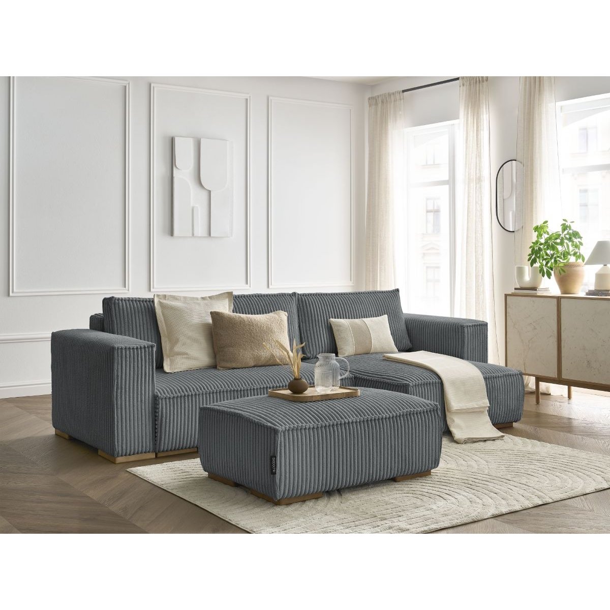 Canapé d'angle convertible 4 places en gros côtelé doux avec pouf, CHELSEA gris foncé, BOBOCHIC