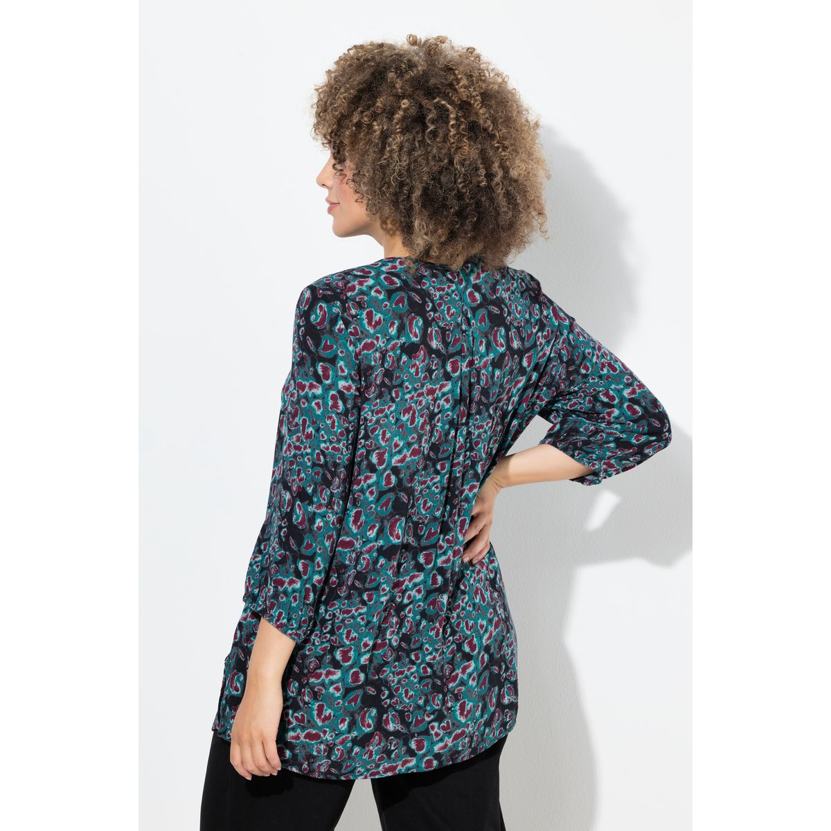 Blouse smockée motif léopard, coupe évasée vert pétrole, ULLA POPKEN
