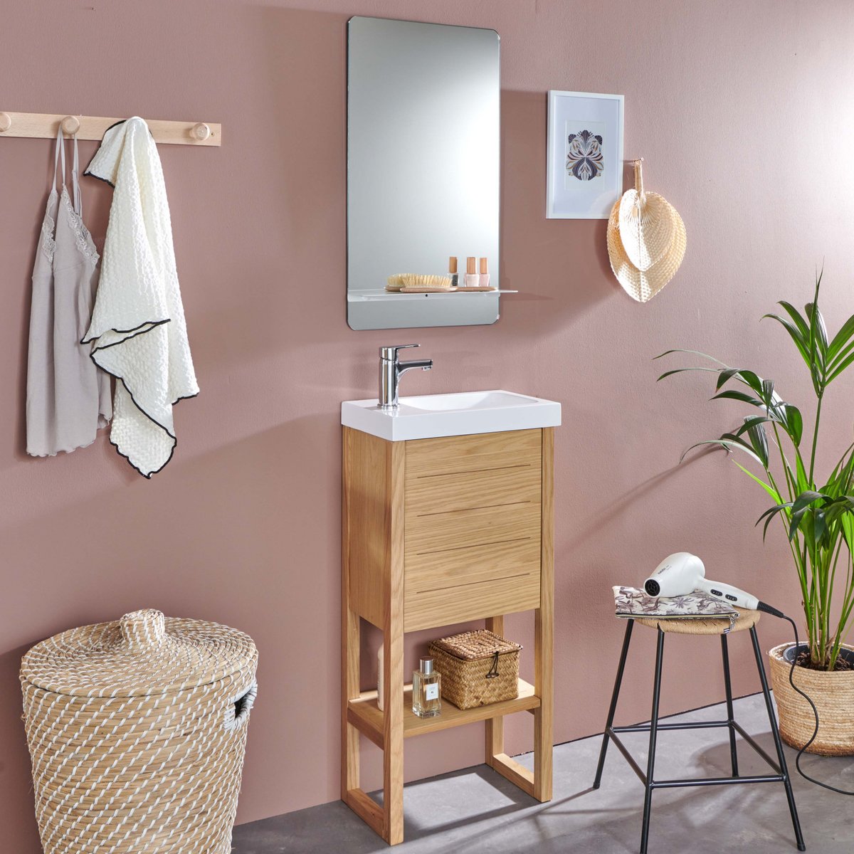 Ensemble meuble lave-main + miroir ATOLL bois, MOB IN