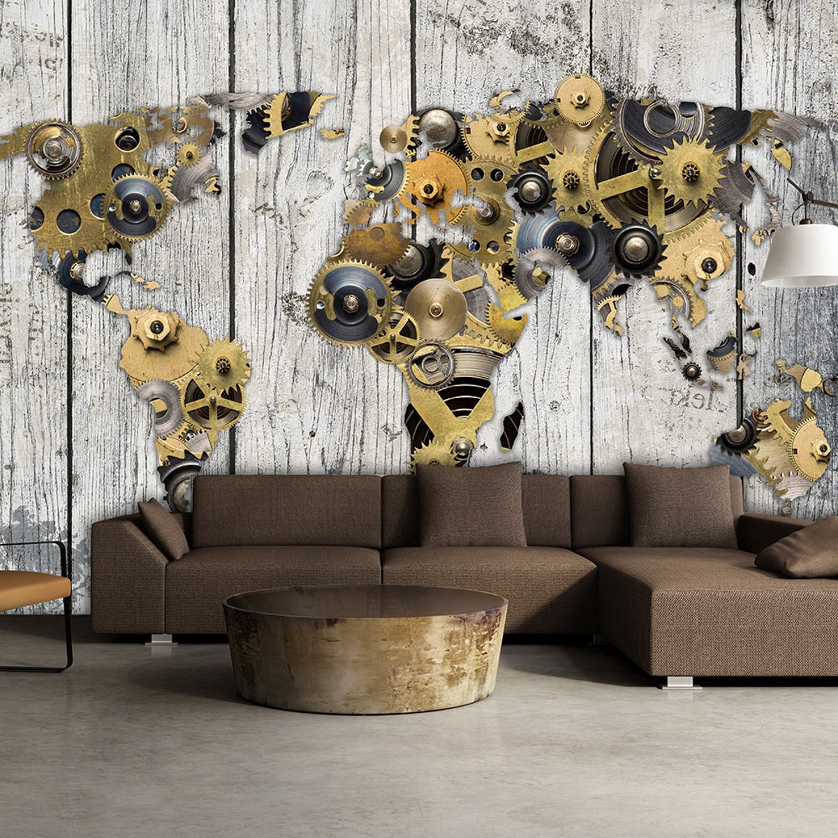 Papier peint intissé panoramique Carte du monde Mechanical World gris / argent, EDEN
