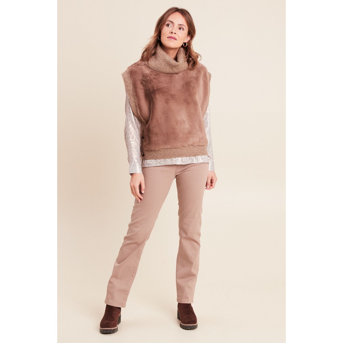 Pull sans manches col roulé marron, BREAL