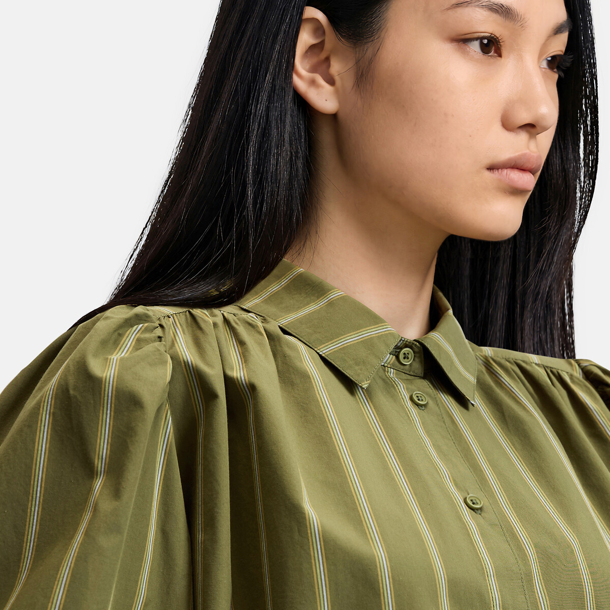 Striped Cotton Loose Fit Puff Sleeve Shirt green/ecru striped, LA REDOUTE COLLECTIONS