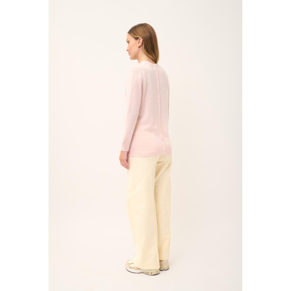 Pull Col Rond Boutonné Dos Poudre Janice rose clair, JUST CASHMERE