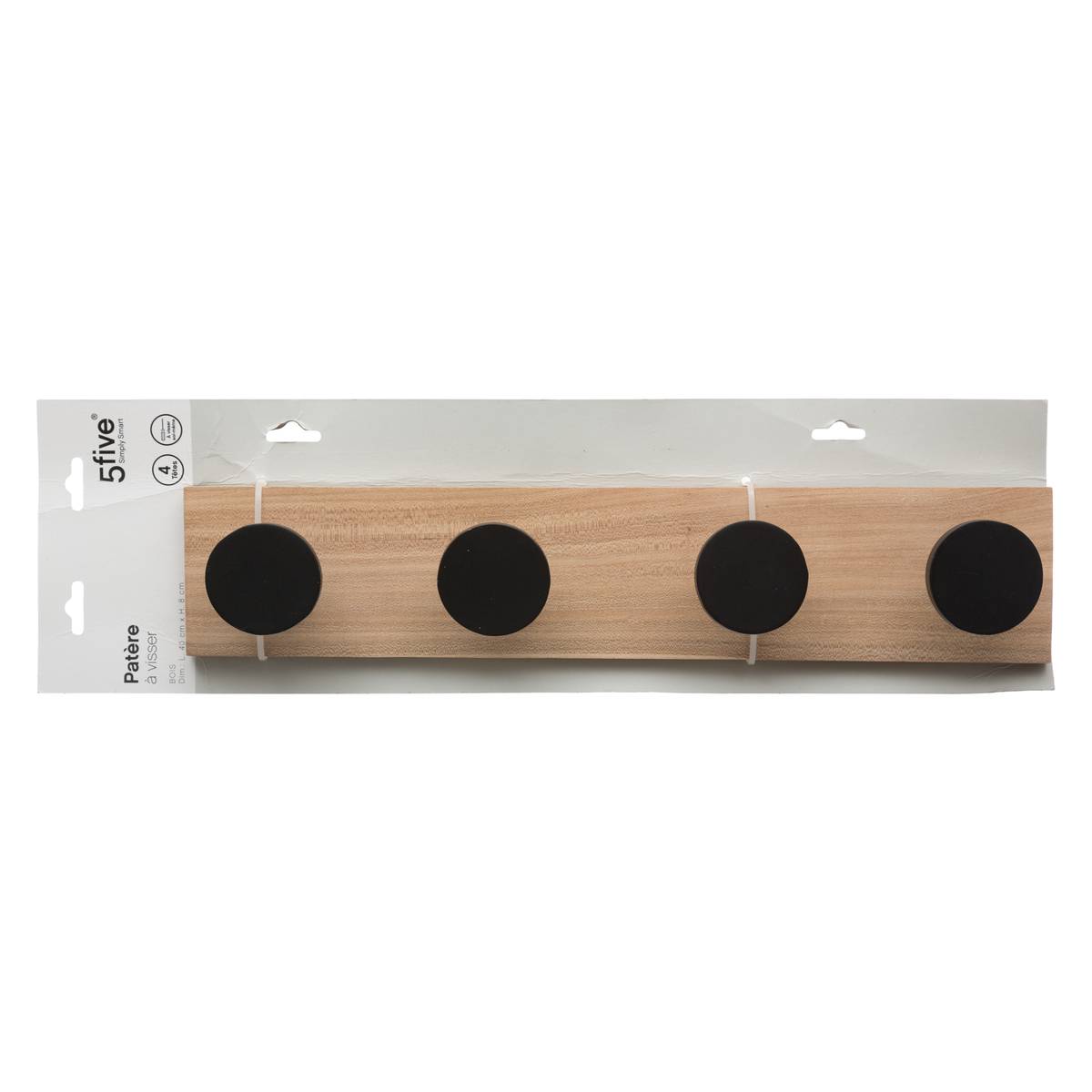 Patère murale 4 crochets en bois de pin ROUNDWOOD noir, 5FIVE SIMPLY SMART