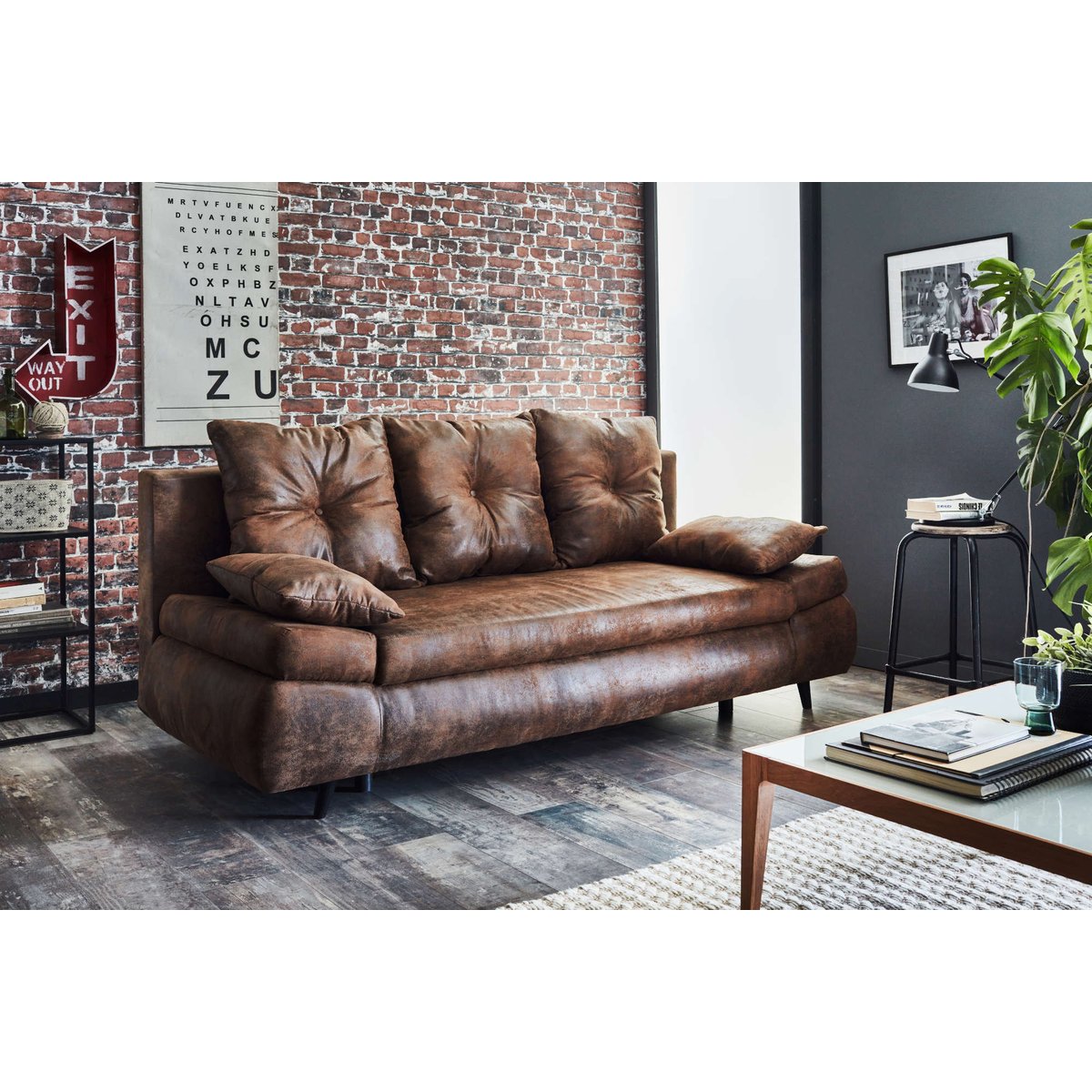 Canapé 3 places convertible style industriel, LARSON marron, BEST MOBILIER