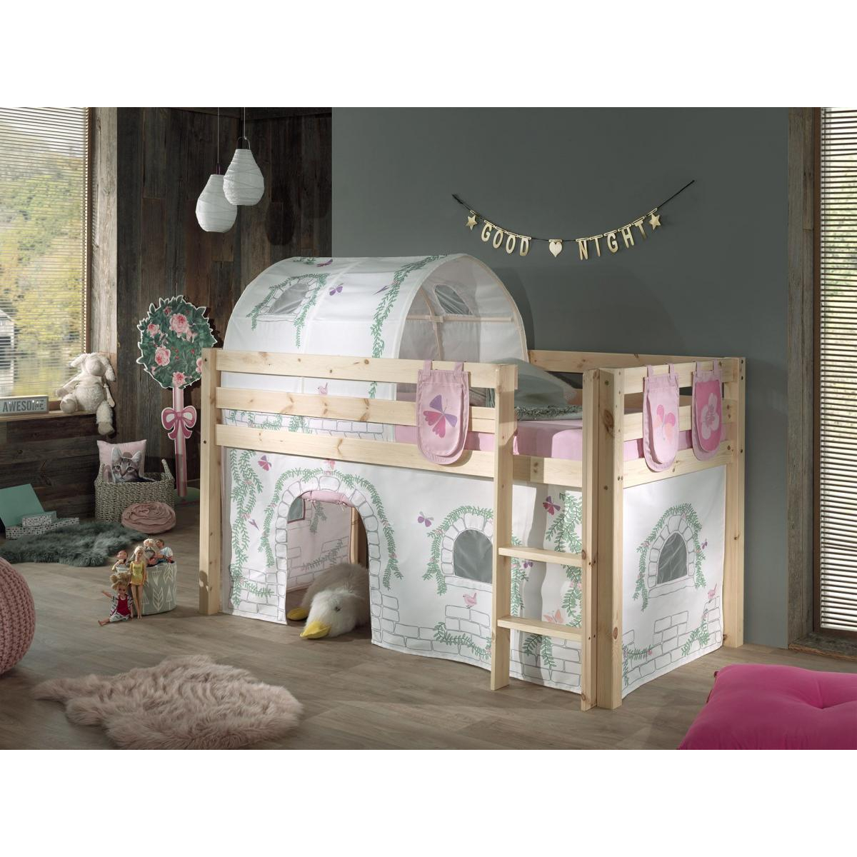 Pino Lit Compact Pin Massif Naturel + birdy rideau et tunnel de lit + 3 pochettes couleur unique, VIPACK