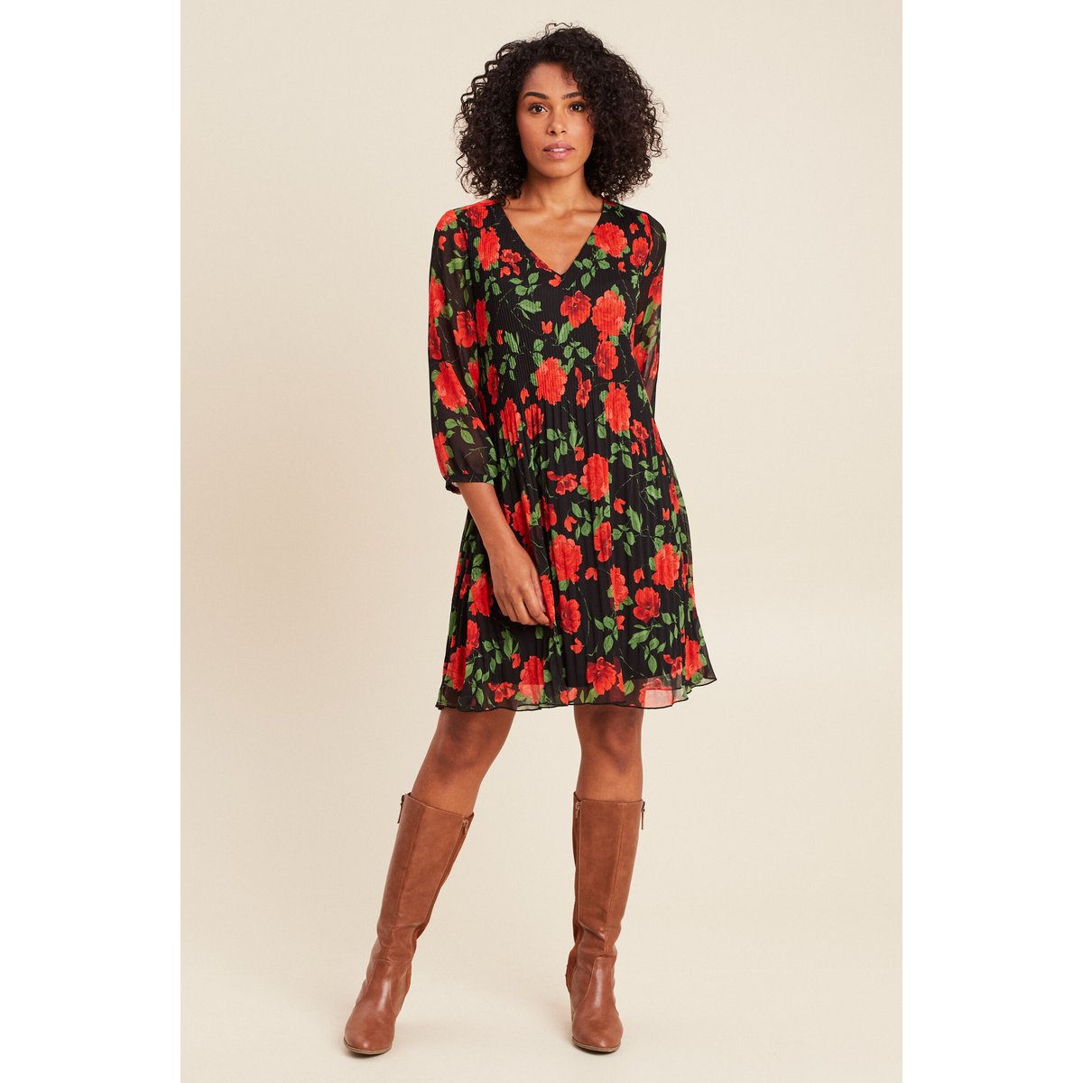 Robe courte évasée plissée manches 3/4 rouge, BREAL