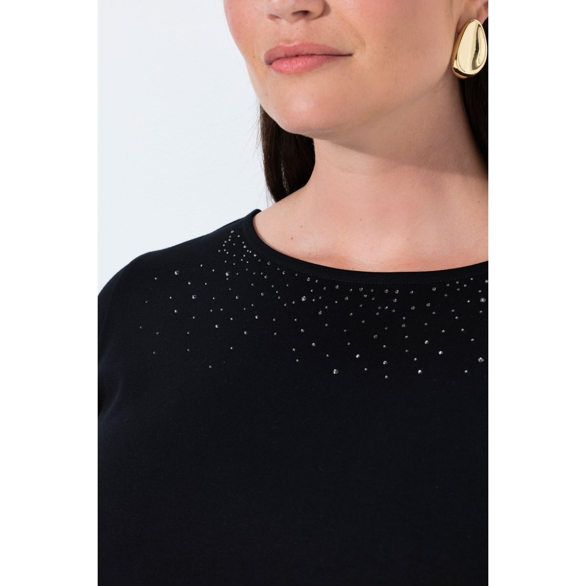 T-shirt en coton Pima. Petits strass. noir, ULLA POPKEN
