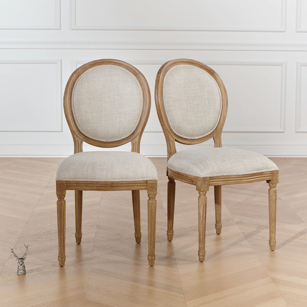 Lot de 2 chaises en hévéa et lin premium, style classique, bois certifié FSC® MEDAILLON lin, ROBIN DES BOIS