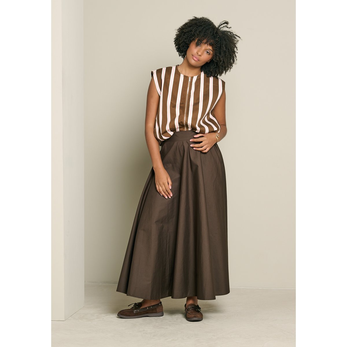 Jupe maxi en popeline brun fonce chocolate, LOLALIZA