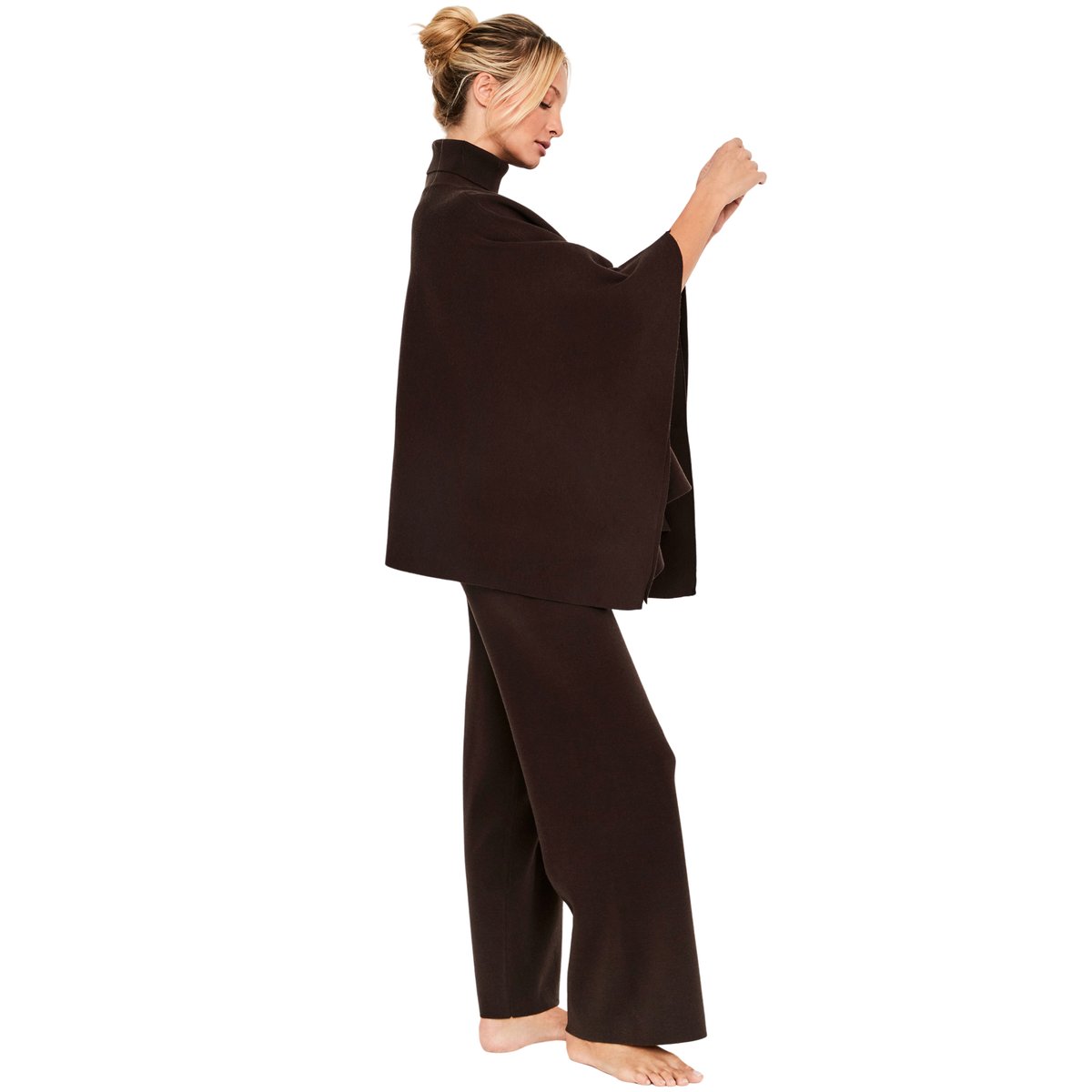 Pyjama pantalon évasé poncho col montant The Knit Code marron, SELMARK