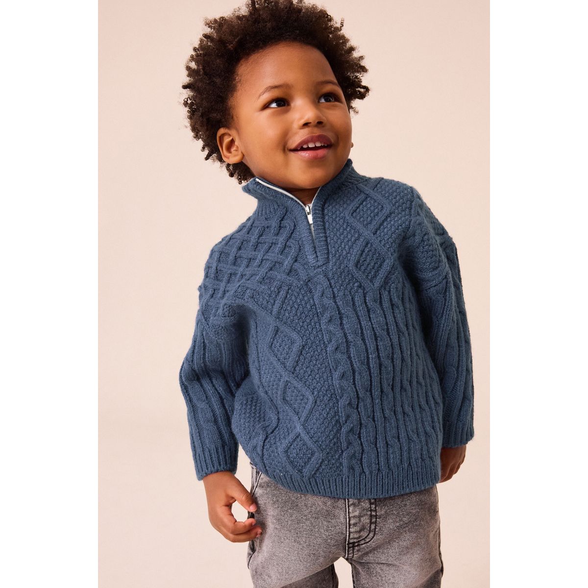 Pull à col zippé en maille torsadée bleu marine, NEXT