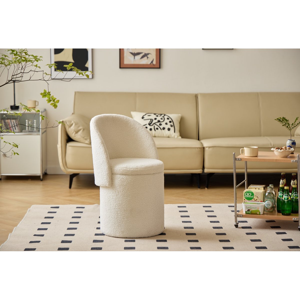 Pouf avec dossier et rangement, bouclette blanc cassé, NORDLYS