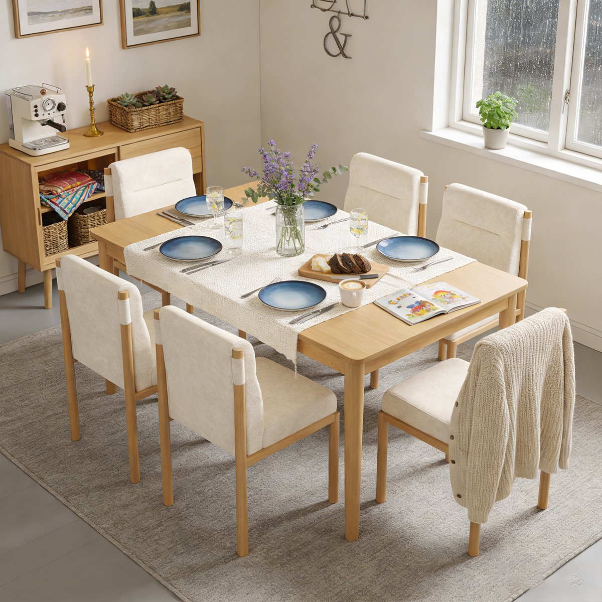 Lot de 6 chaises de salle à manger en bouclette avec pieds métal, DUORAU beige, MEUBLES COSY
