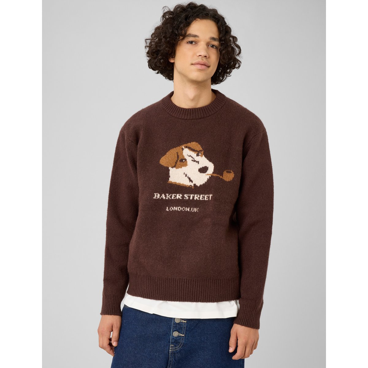 Pull col rond jacquard marron foncée, BZB