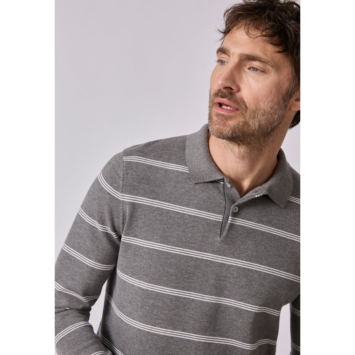 Pull col polo rayé gris chiné rayé, DAMART