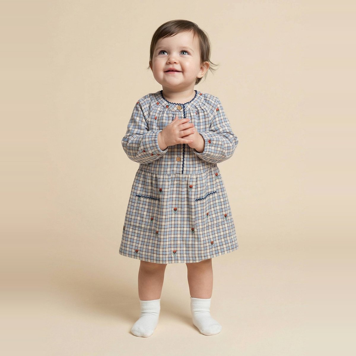 Robe à carreaux imprimée en coton dusty blue, BOUT'CHOU