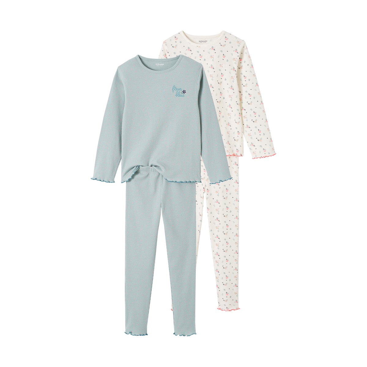 Lot de 2 pyjamas fleurs en maille côtelée bleu grisé, VERTBAUDET