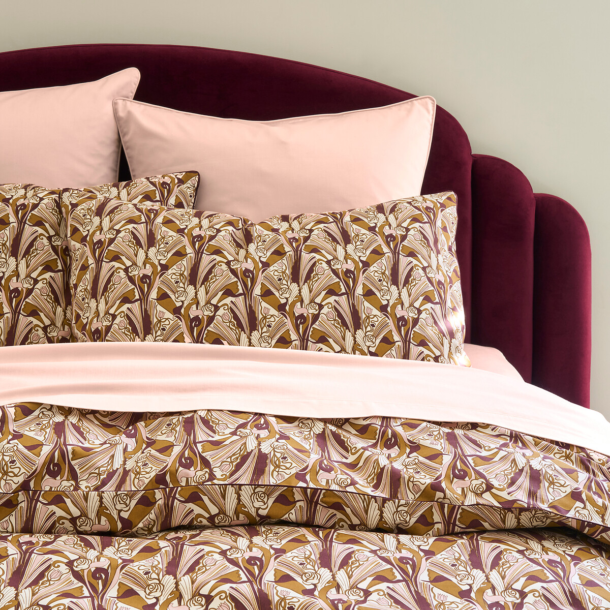 Federa in percalle di cotone, palmette stampate, ILIMI bronzo/rosa/bordeaux, LA REDOUTE INTERIEURS