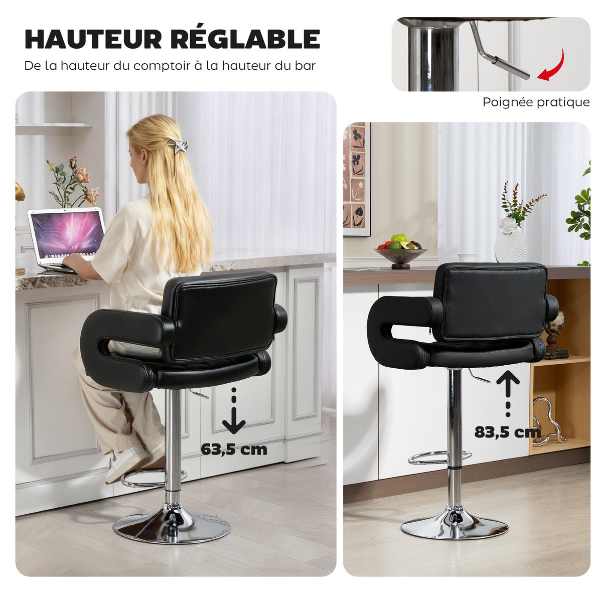 Tabouret de bar Revêtement synthétique Noir noir, HOMCOM