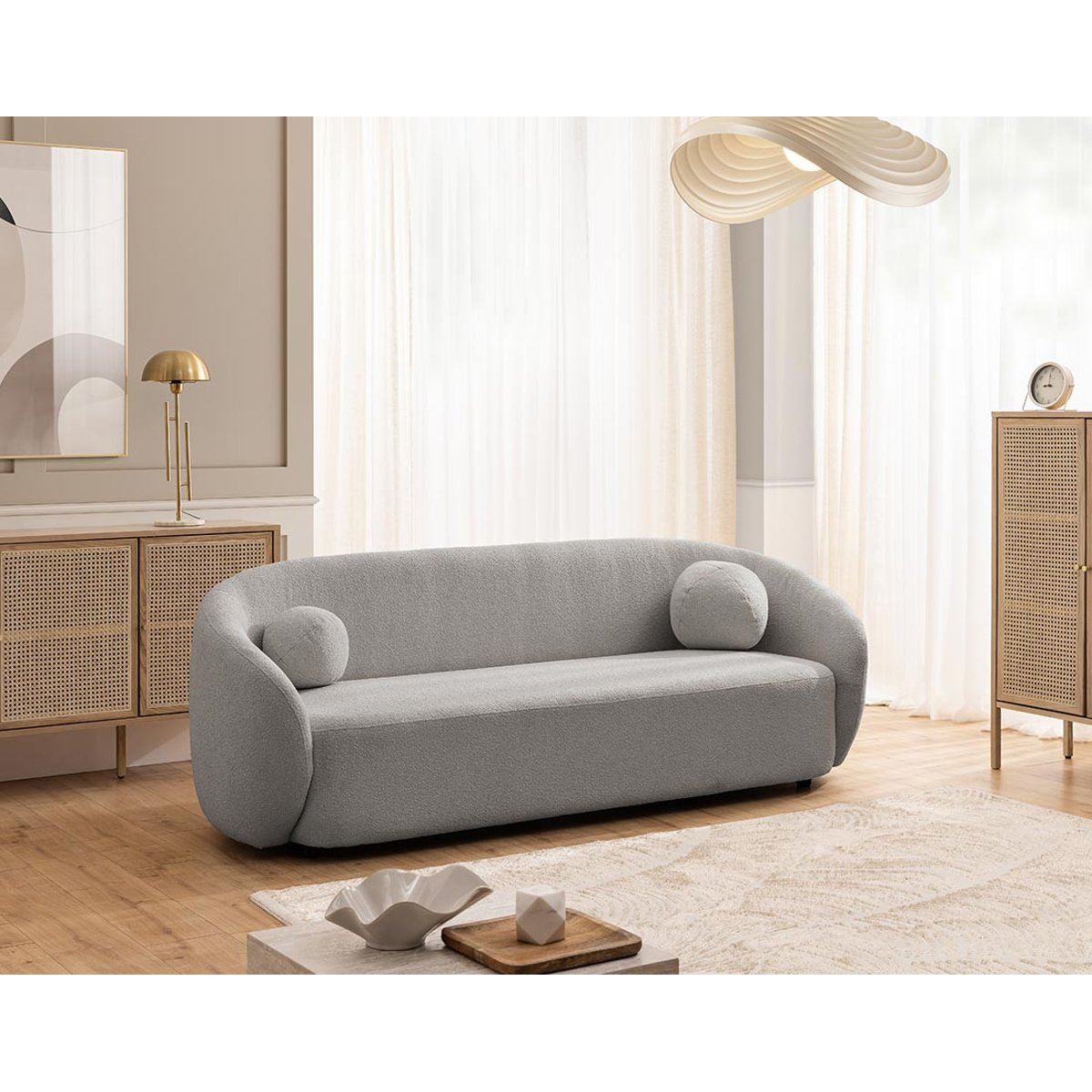 Flore - Canapé droit 3 places en tissu bouclette gris, BEST MOBILIER